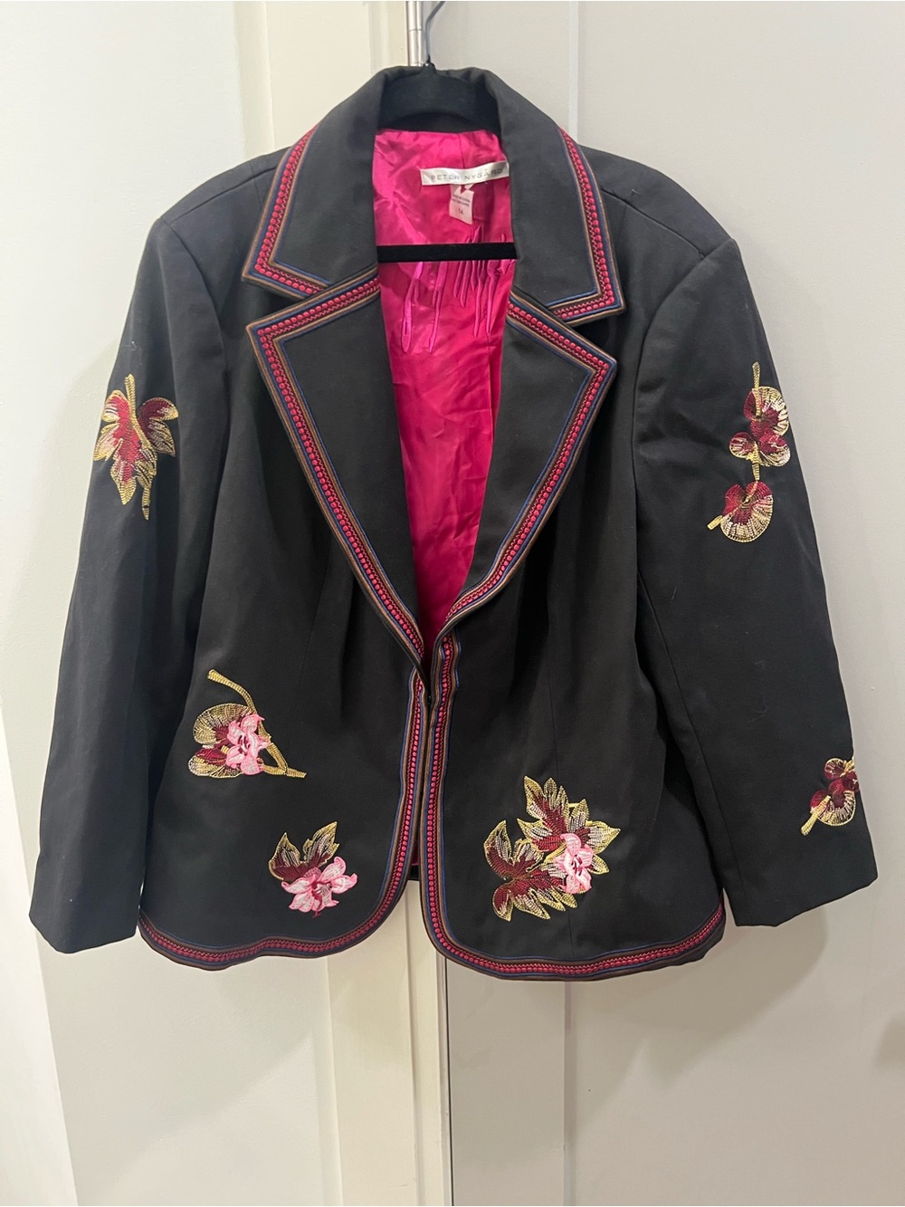 Peter Nygard Vintage Black Blazer with Pink Embroidery and Lining
